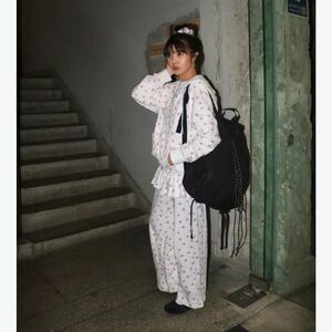 Indie Korean Brand Youhee Flower Print Sweatsuit Set (Zip Hoodie and Skirt Pant)